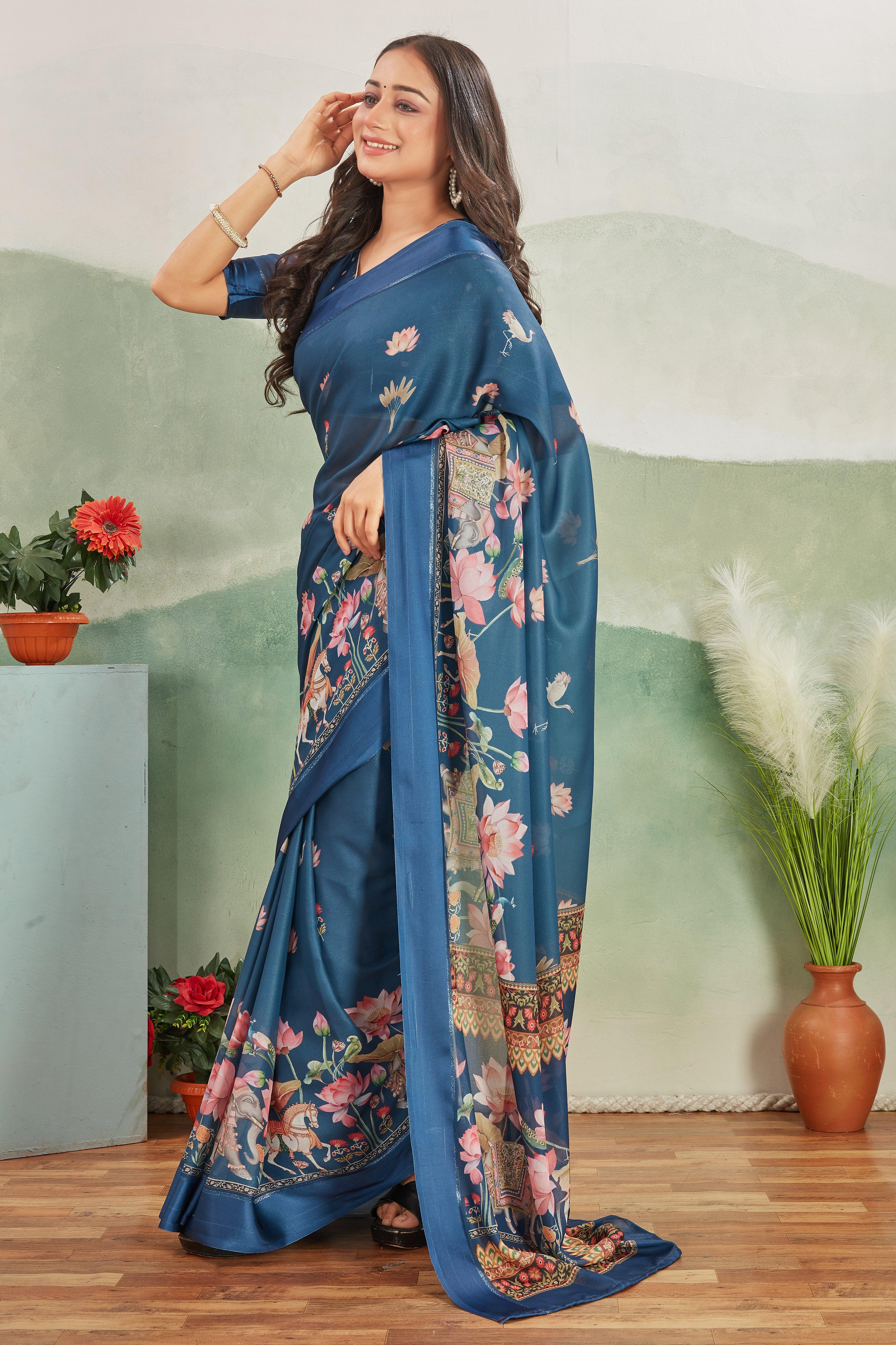 Art Meets Elegance: Kalamkari Prints and Viscose Satin Borders on Crepe Silk - Image 3