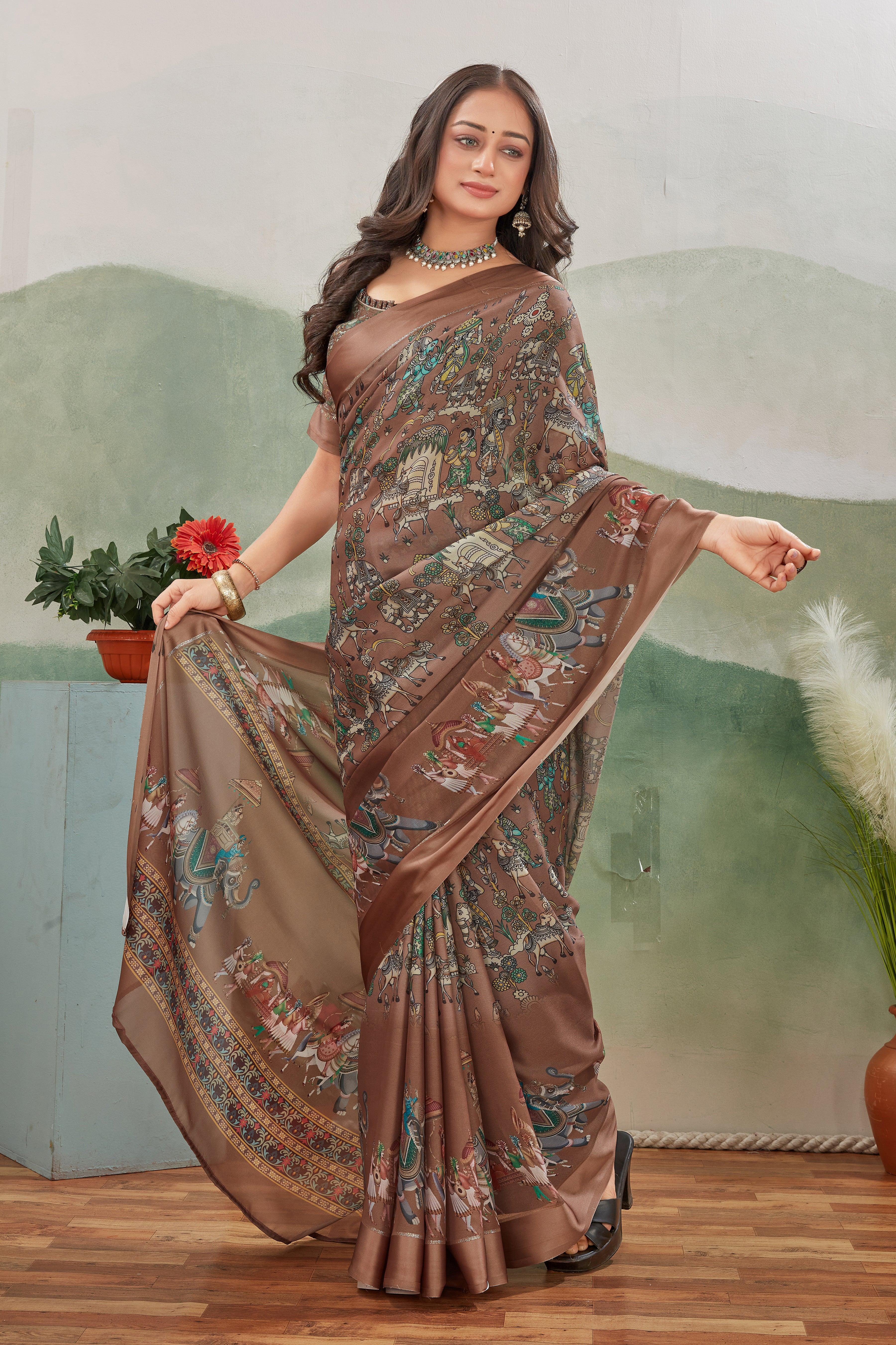 Classic Craftsmanship: Kalamkari Prints on Viscose Satin Border Silk - Image 3