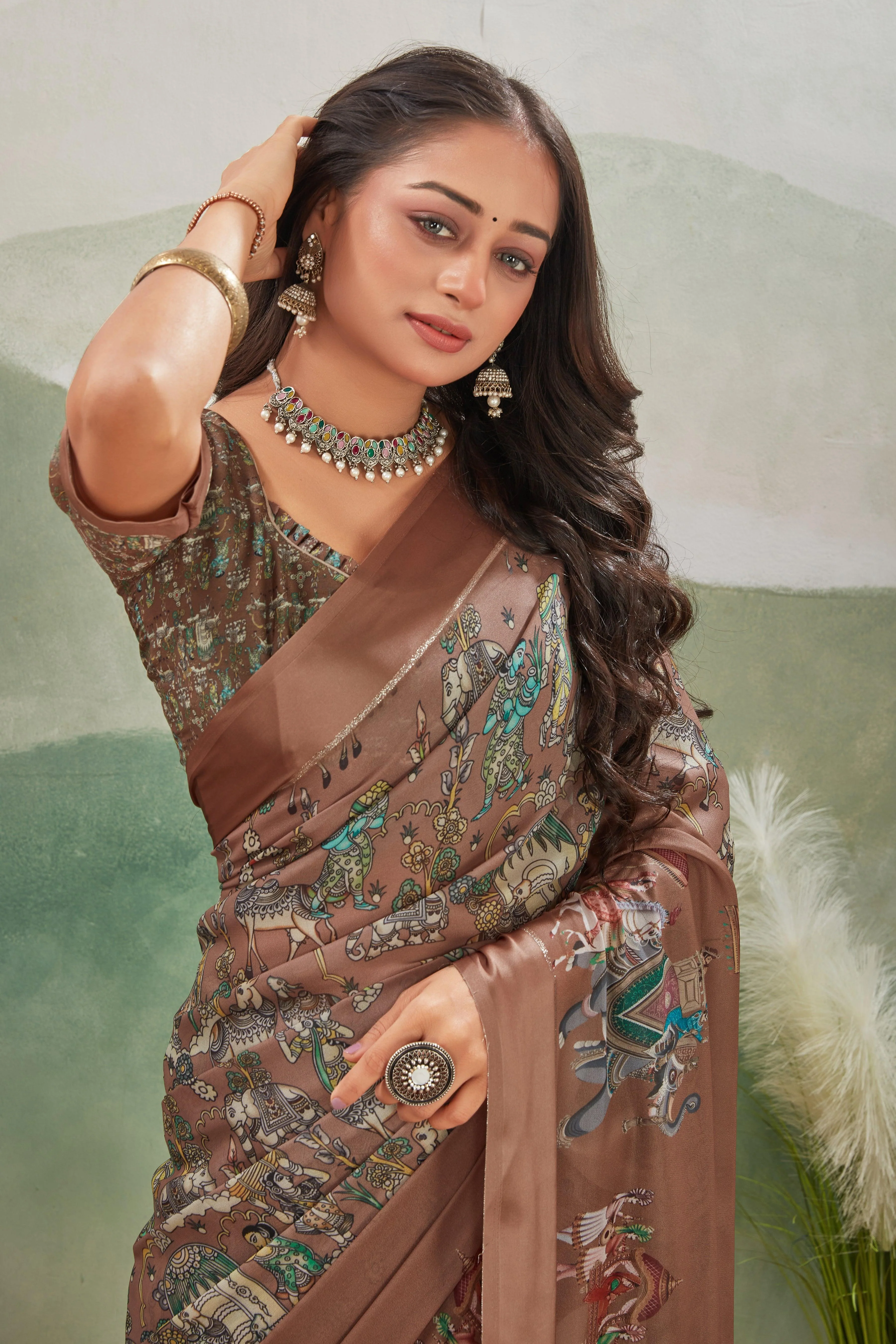 Classic Craftsmanship: Kalamkari Prints on Viscose Satin Border Silk - Image 6
