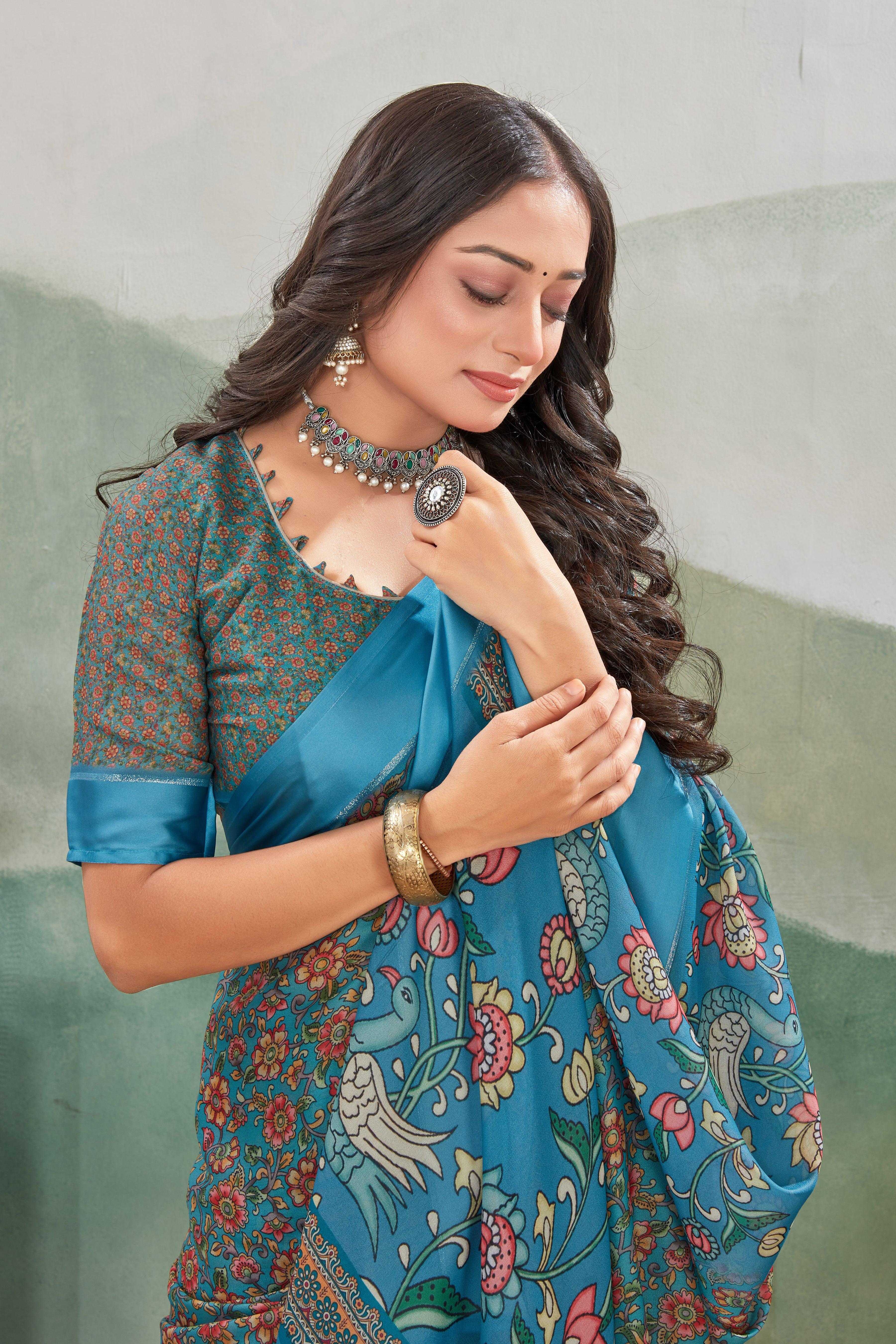 Elegance Redefined: Viscose Satin Border Mysore Silk with Exquisite Kalamkari Prints - Image 6