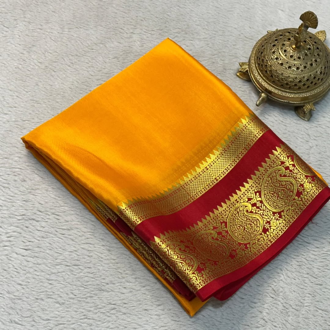 Elegant Contrast Colors in Mango Bentex Border Mysore Silk Sarees - Image 3