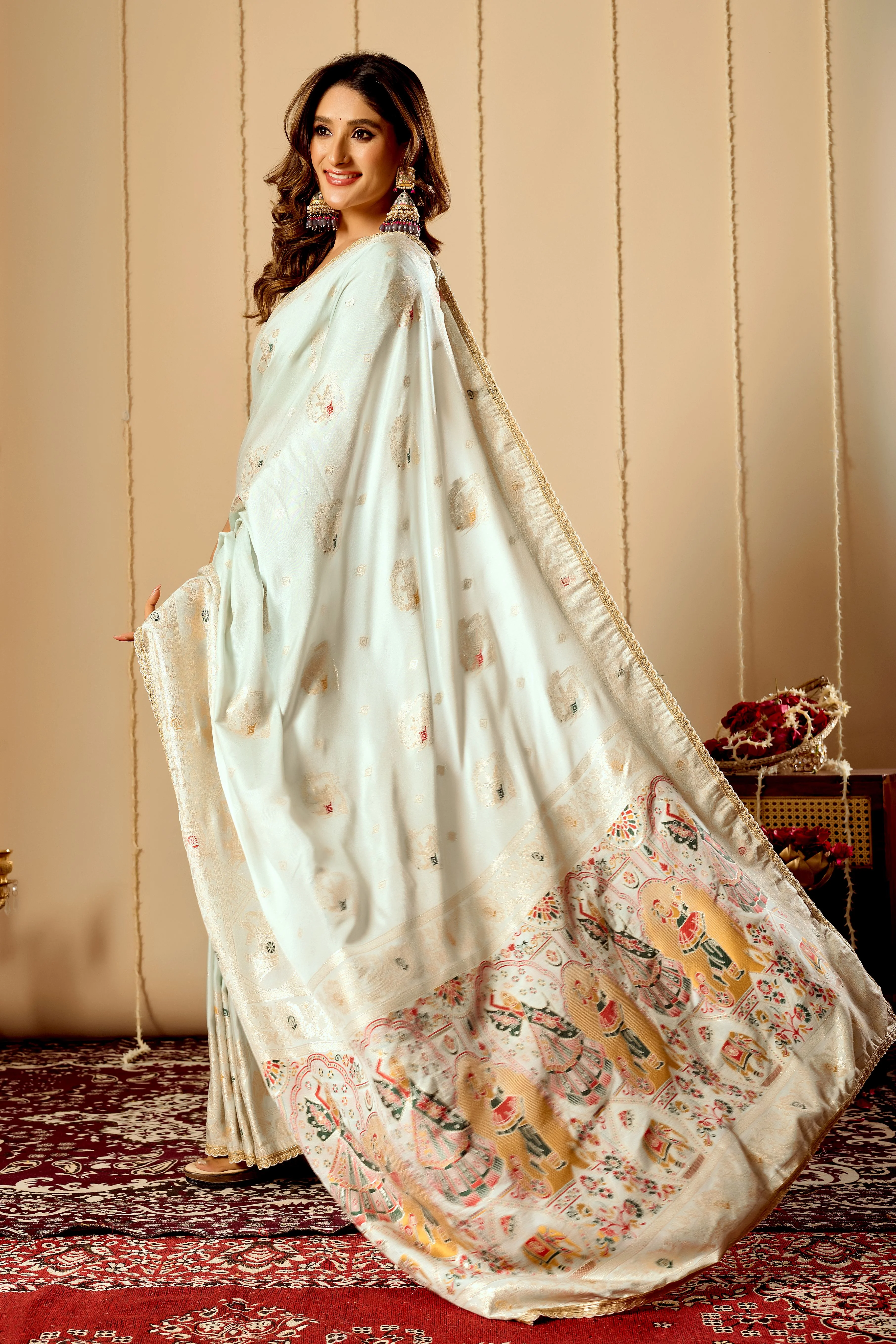 Elegant Mint Ivory satin Silk Saree with Subtle Gold Zari Weaving and Traditional Artistic Pallu - Image 3