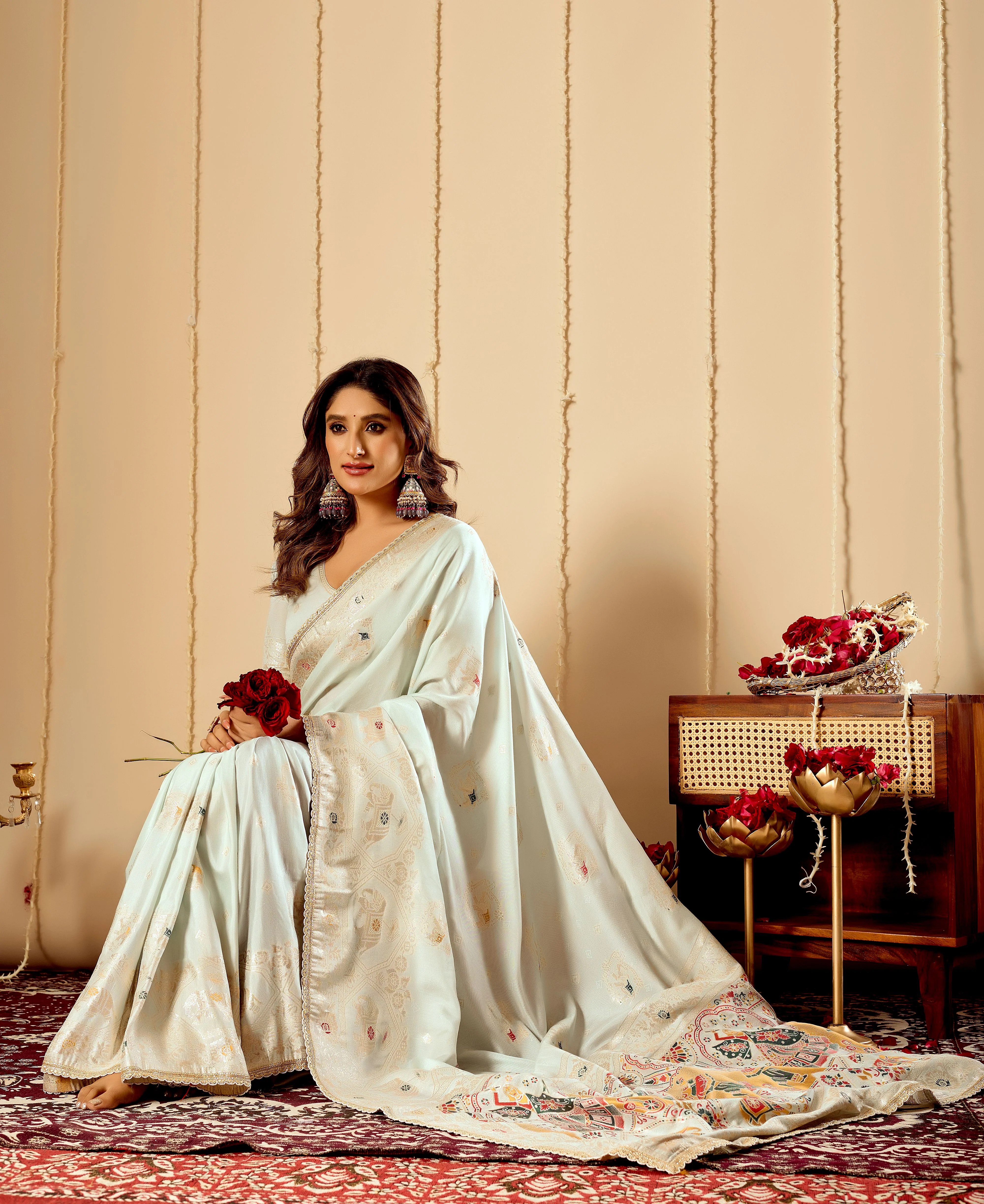 Elegant Mint Ivory satin Silk Saree with Subtle Gold Zari Weaving and Traditional Artistic Pallu - Image 4