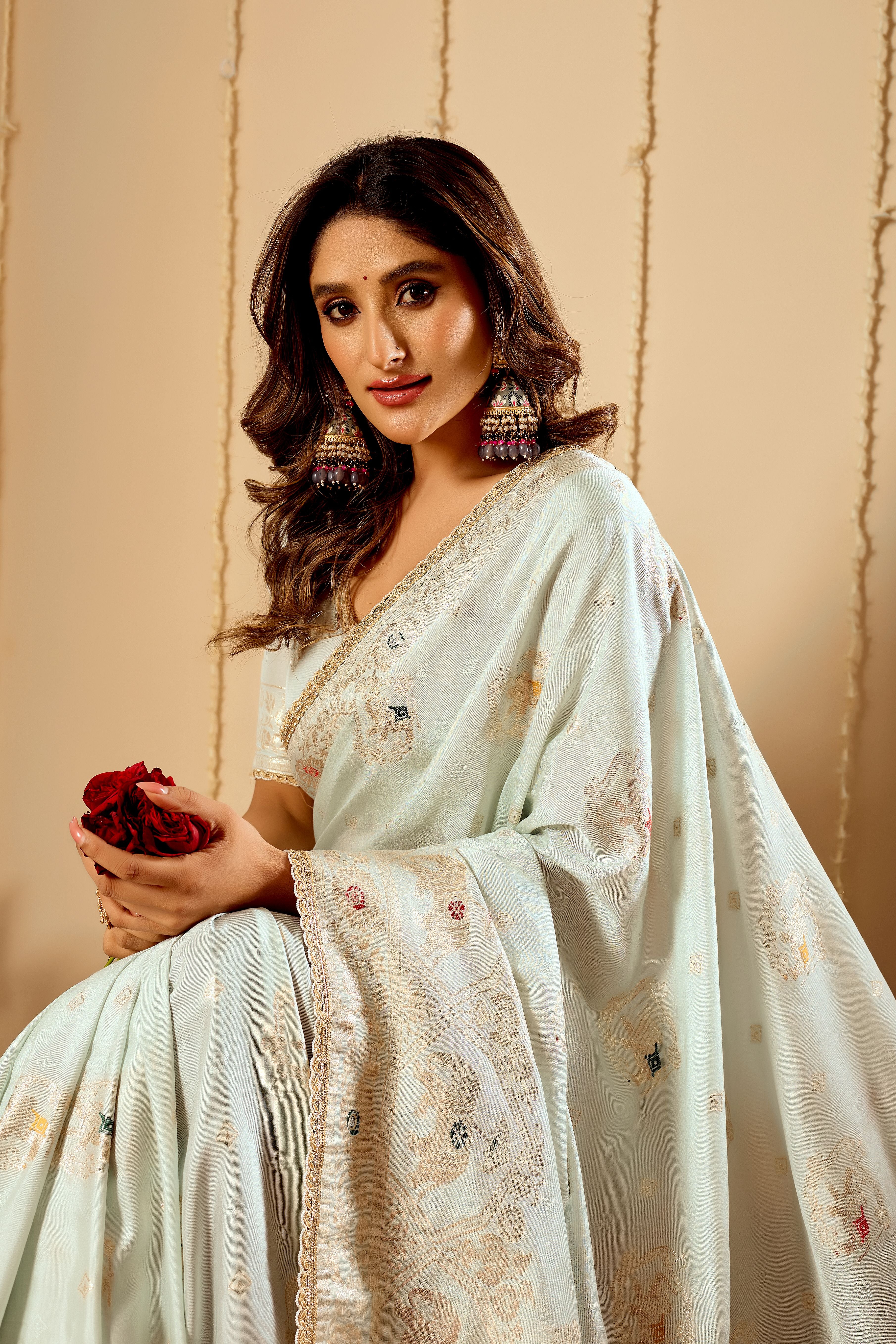 Elegant Mint Ivory satin Silk Saree with Subtle Gold Zari Weaving and Traditional Artistic Pallu - Image 5