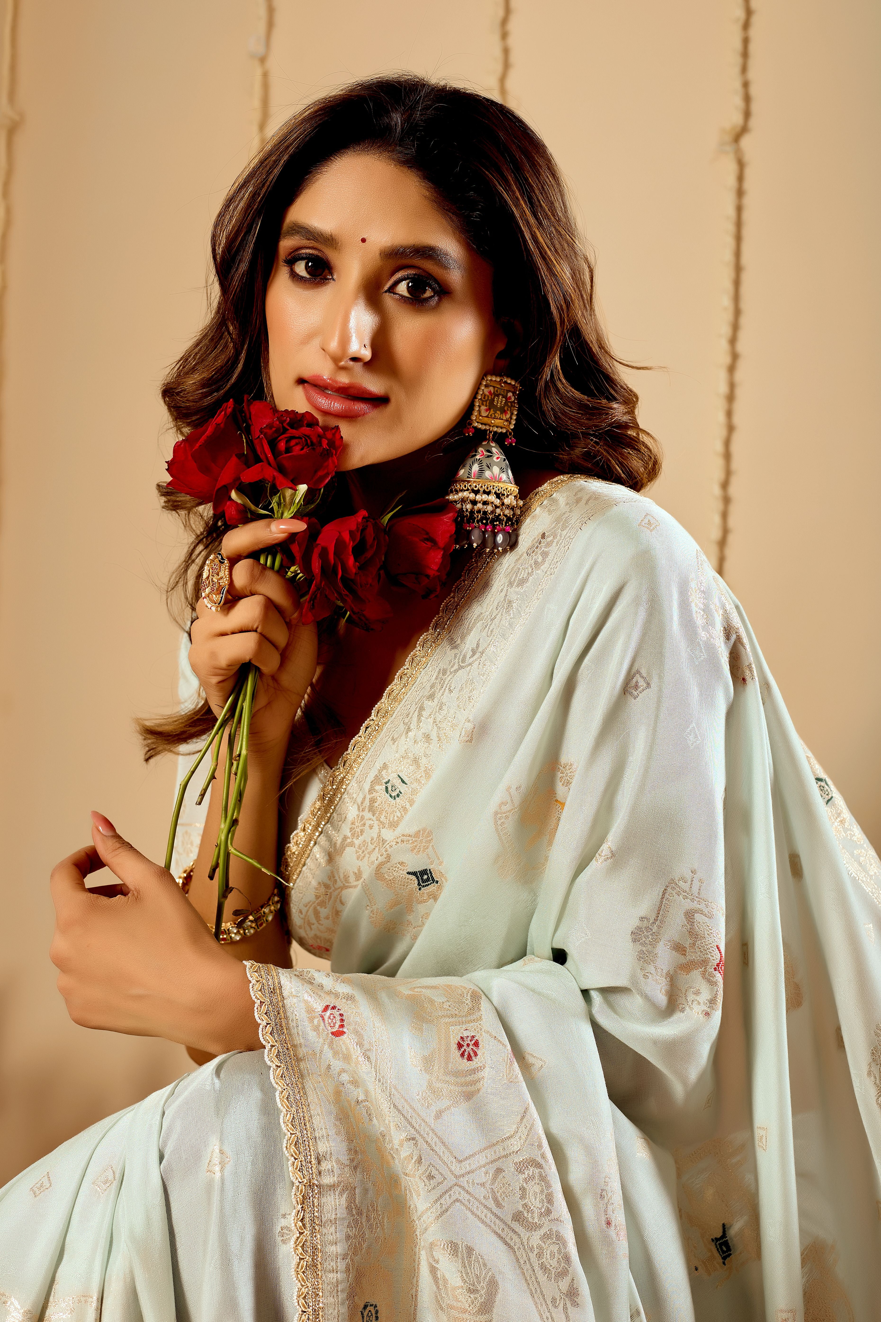 Elegant Mint Ivory satin Silk Saree with Subtle Gold Zari Weaving and Traditional Artistic Pallu - Image 6