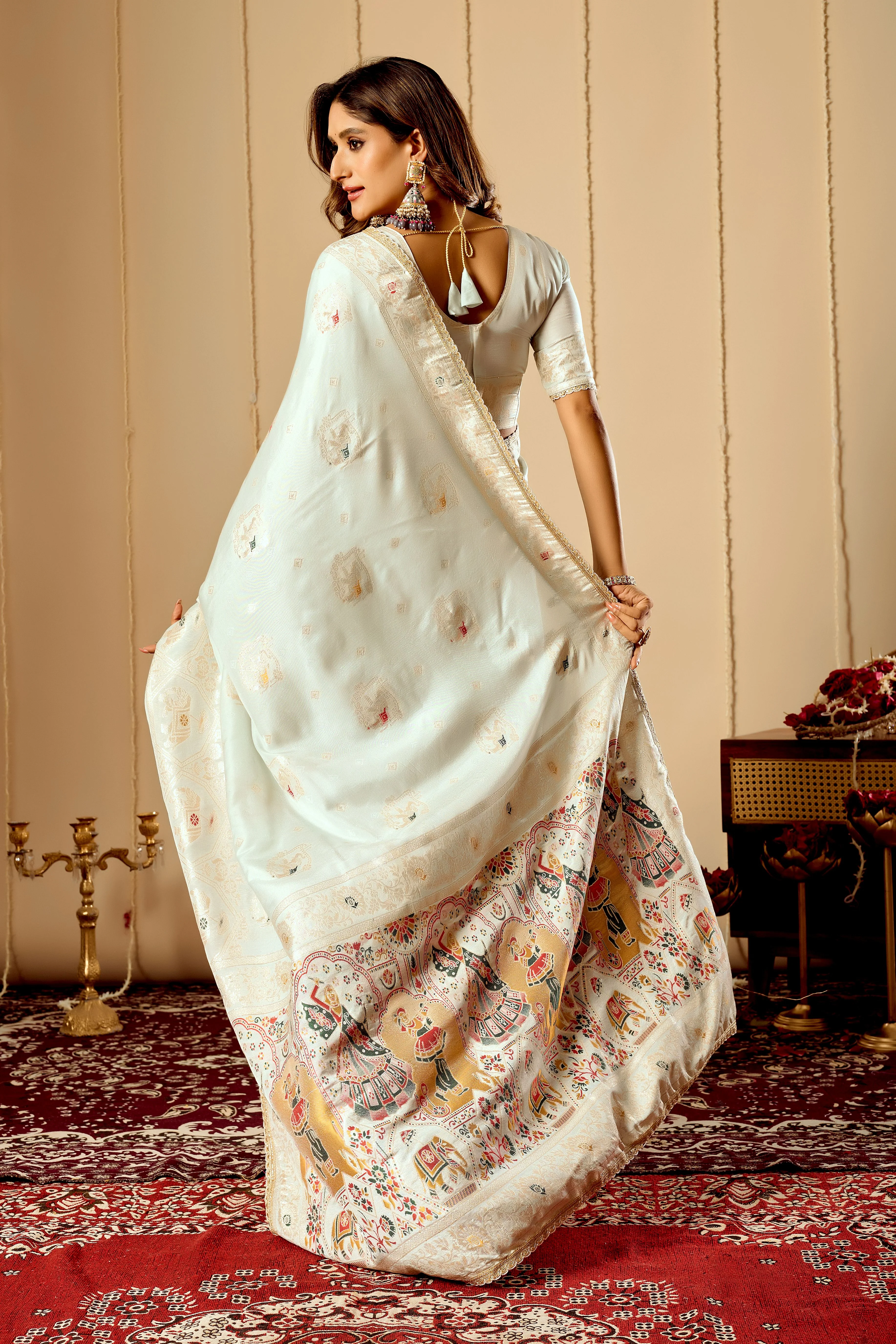 Elegant Mint Ivory satin Silk Saree with Subtle Gold Zari Weaving and Traditional Artistic Pallu - Image 7