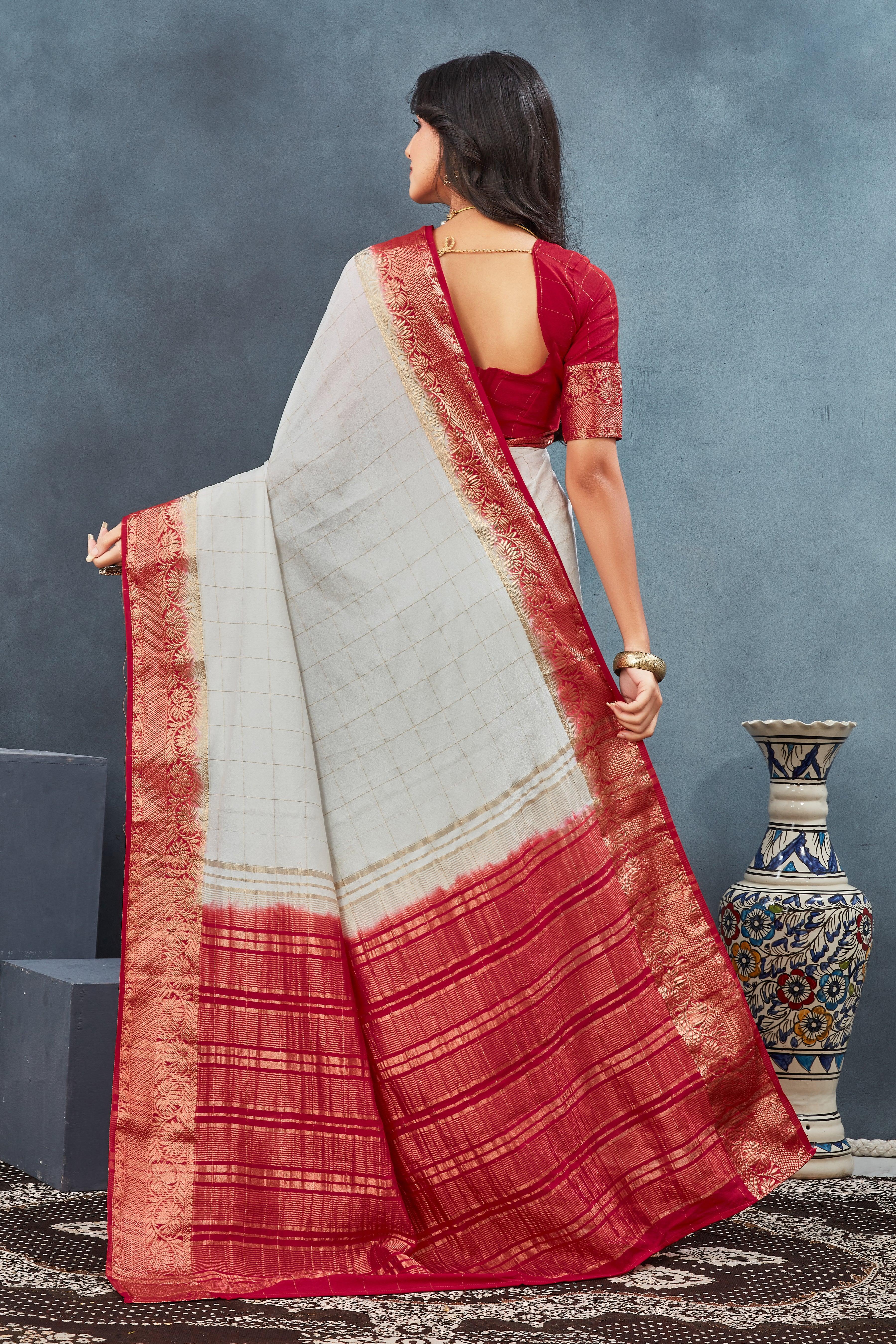 Exclusive White and Red Mysore Crepe Soft  Silk Sarees - Image 3