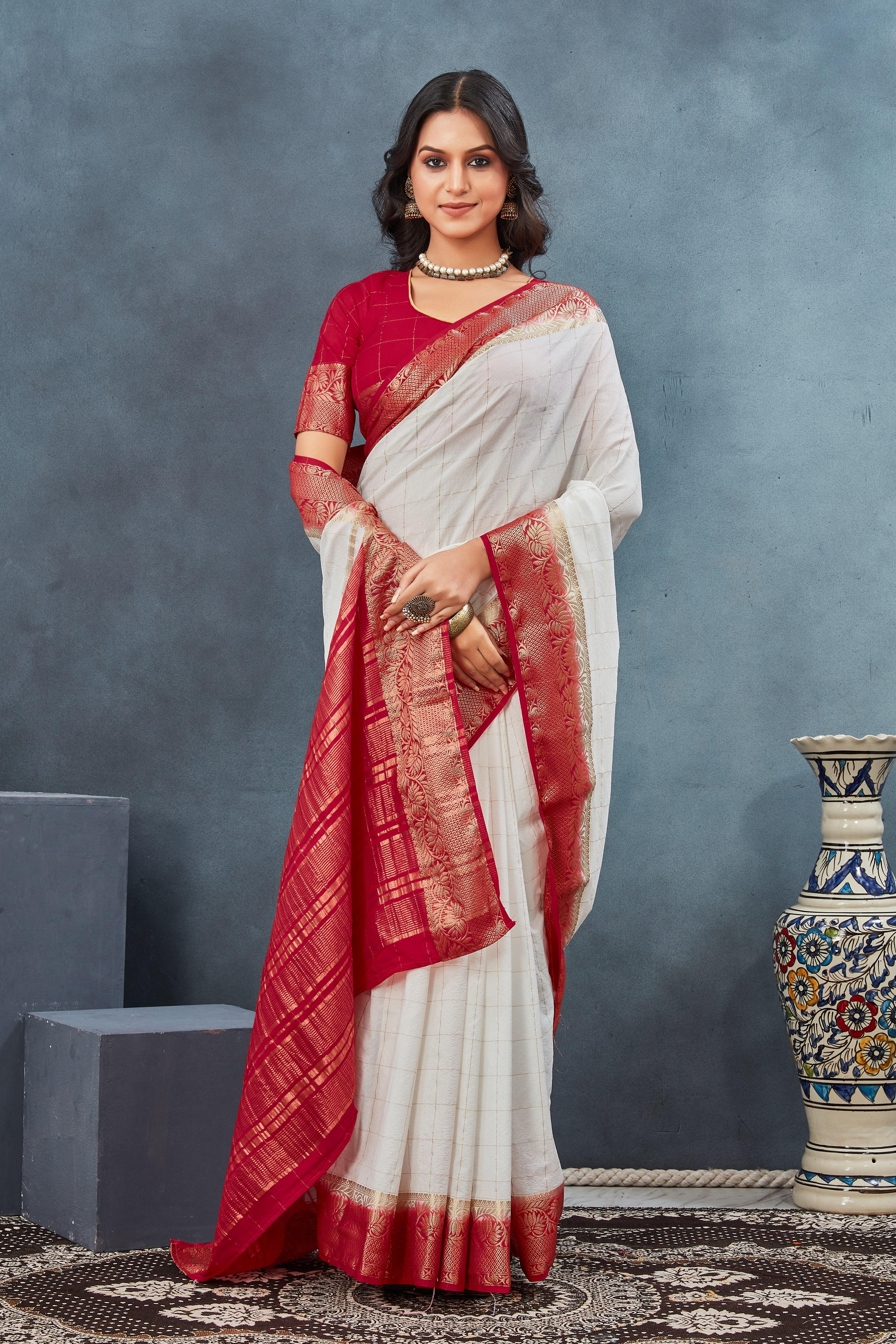 Exclusive White and Red Mysore Crepe Soft  Silk Sarees - Image 4