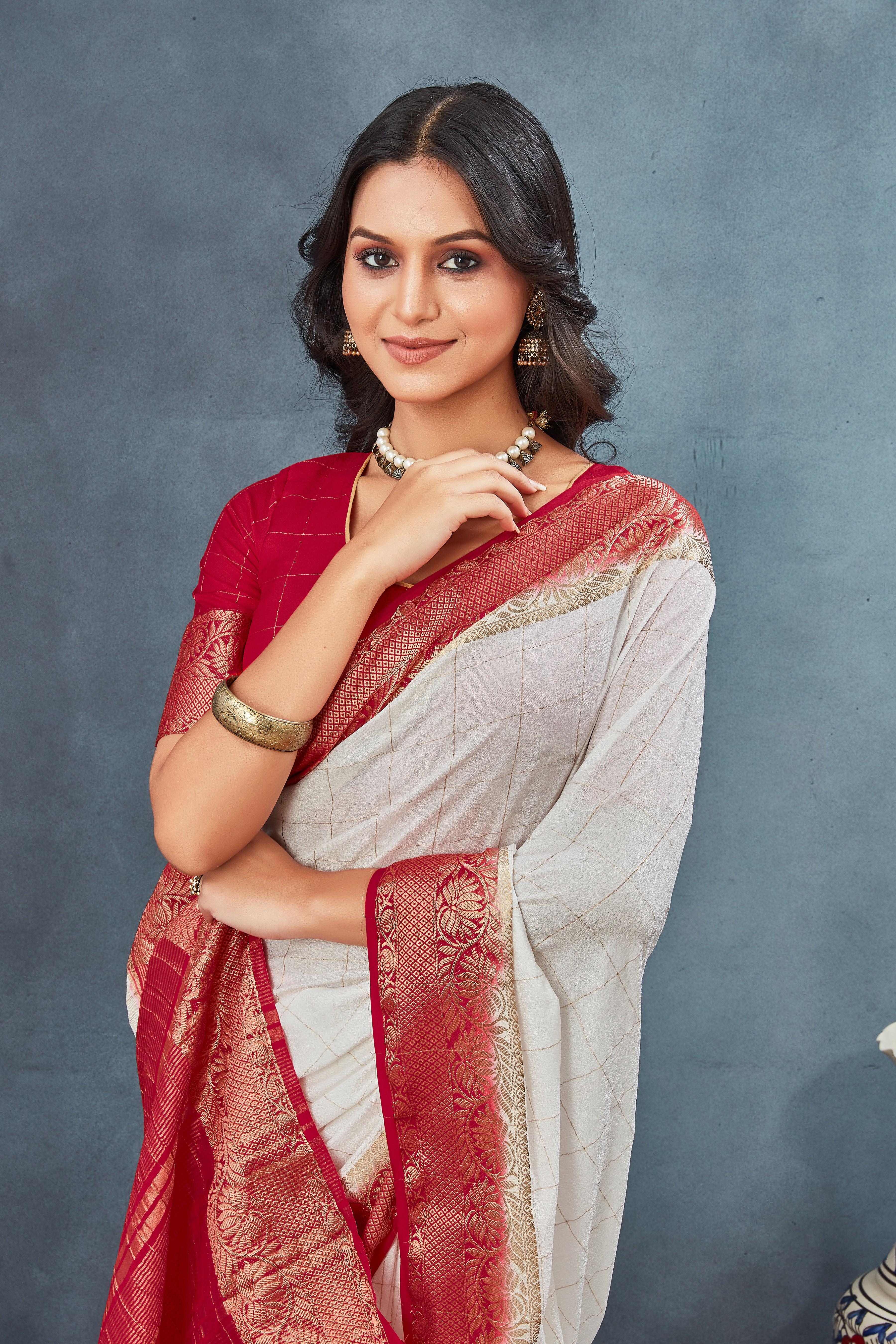 Exclusive White and Red Mysore Crepe Soft  Silk Sarees - Image 5