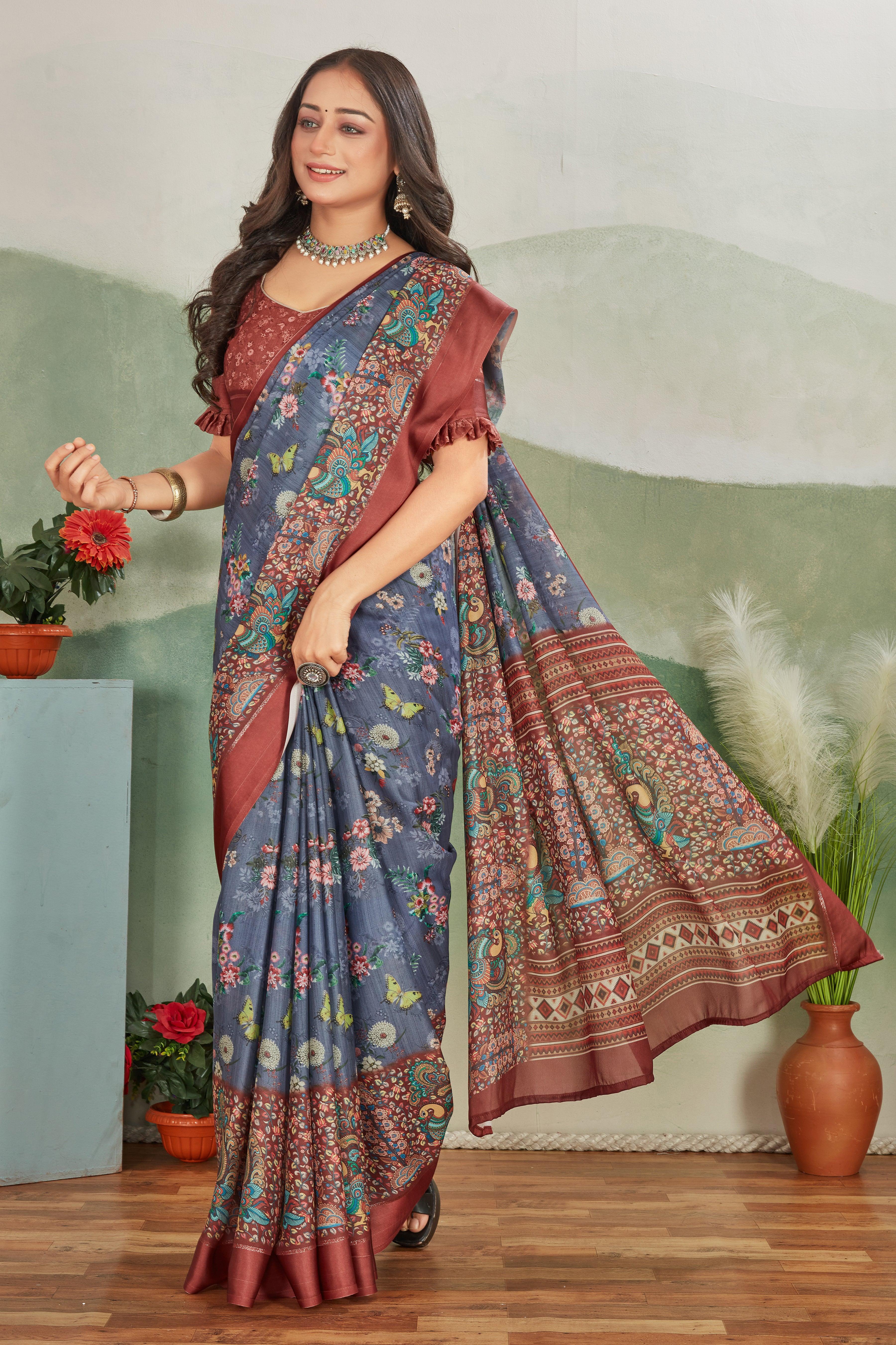 Glamour and Tradition: Viscose Satin Borders & Matching Blouse on Crepe Silk - Image 3