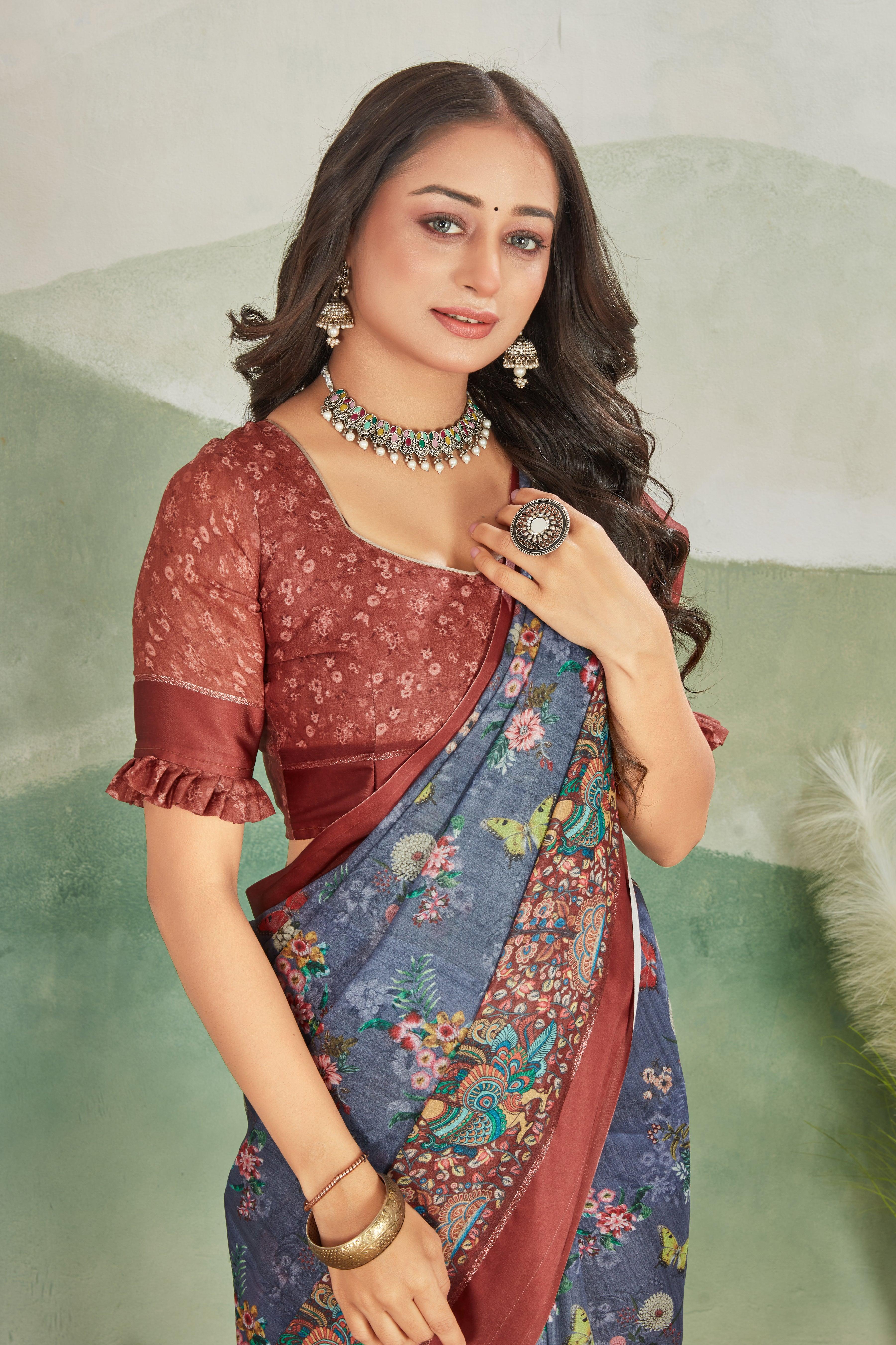 Glamour and Tradition: Viscose Satin Borders & Matching Blouse on Crepe Silk - Image 4