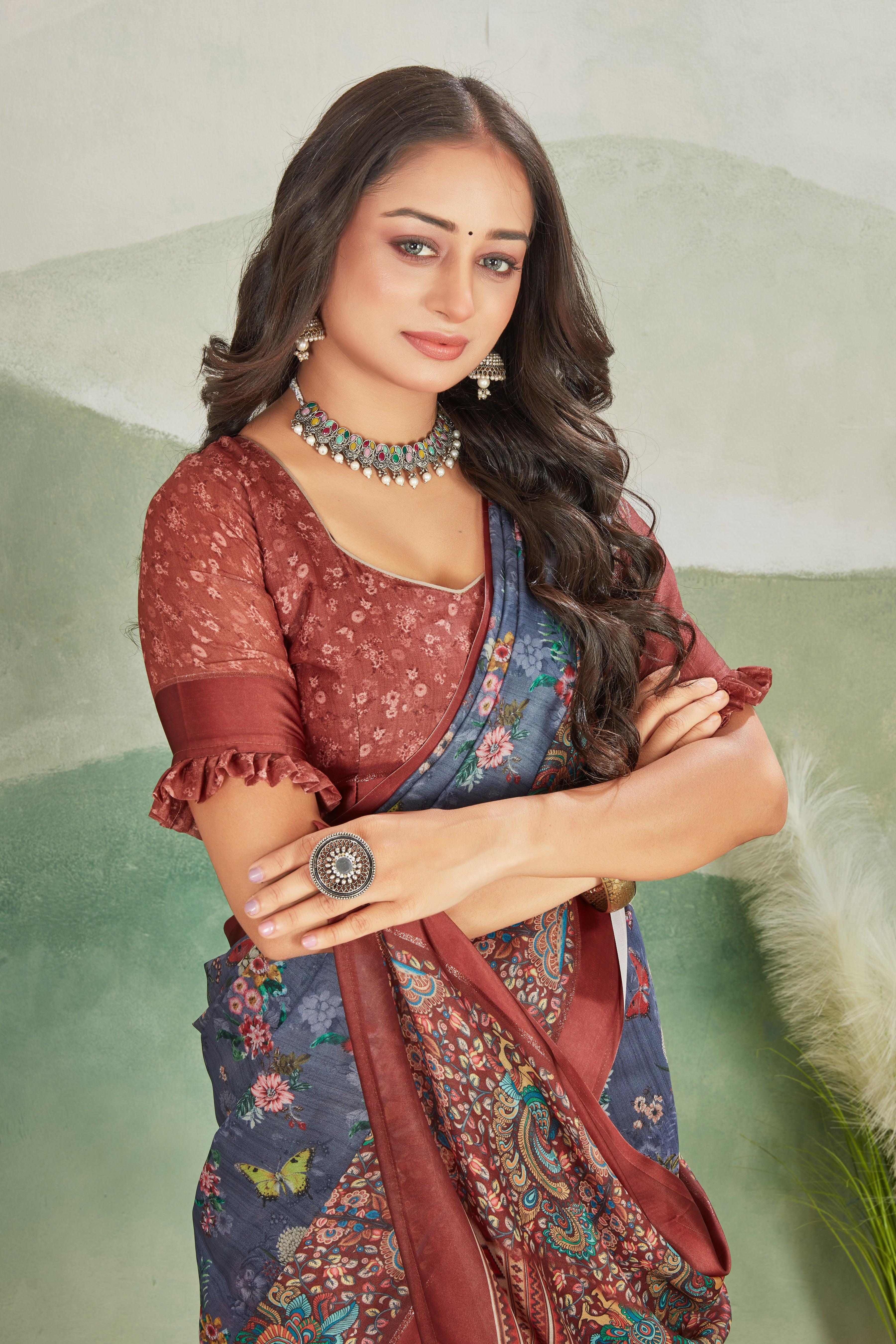 Glamour and Tradition: Viscose Satin Borders & Matching Blouse on Crepe Silk - Image 5