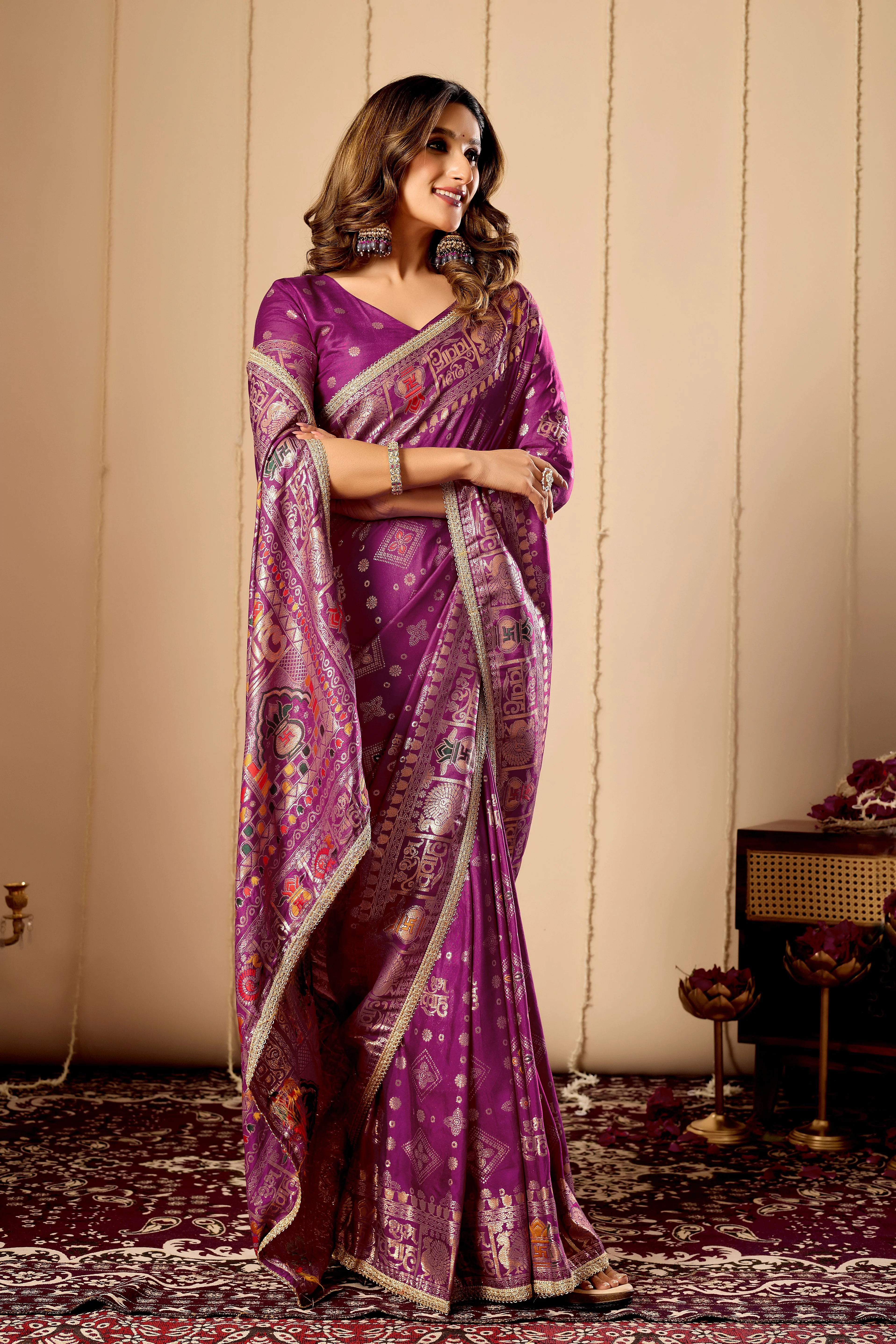 Royal Amethyst Heritage Satin Silk Saree with Intricate Zari Detailing - Image 3