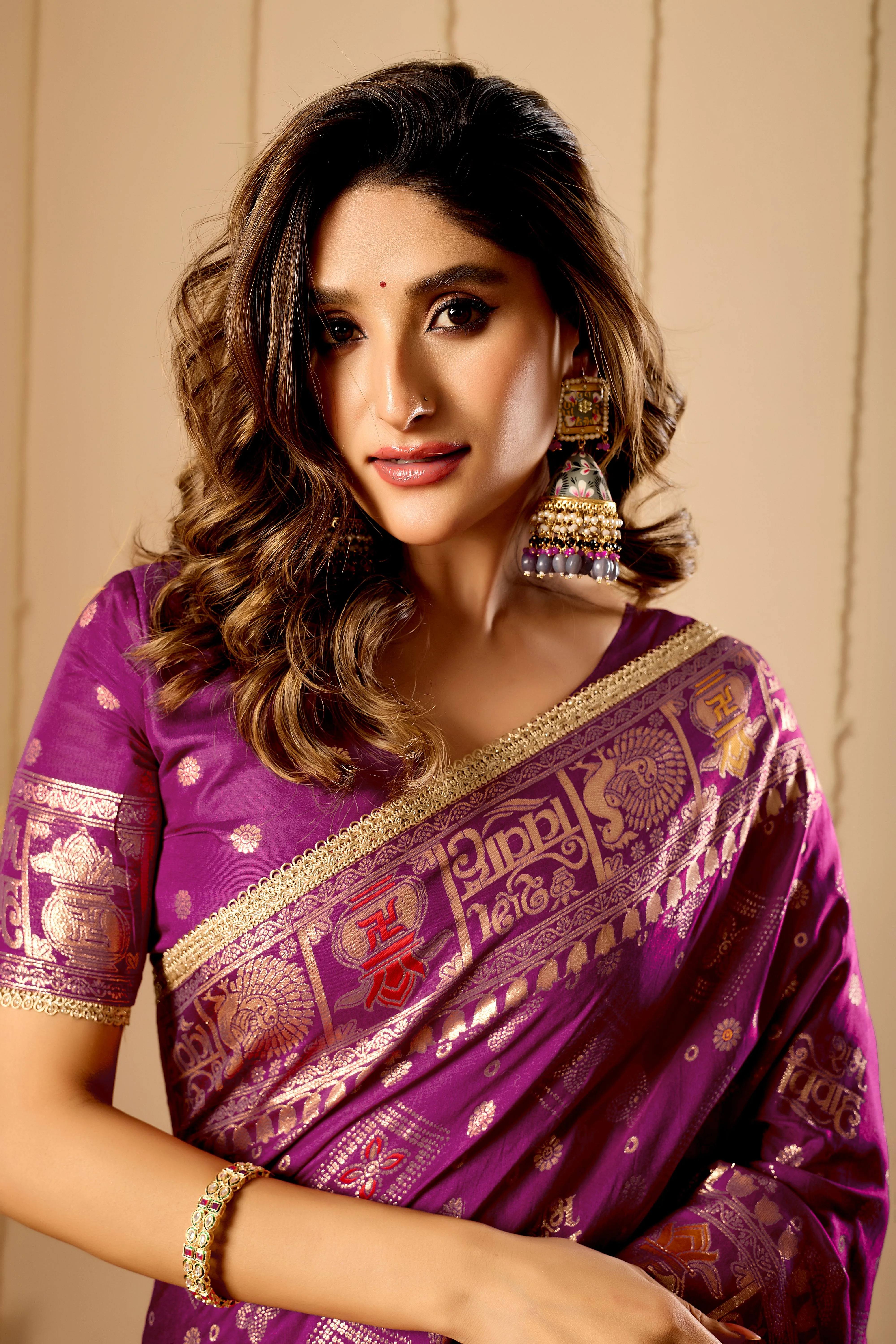 Royal Amethyst Heritage Satin Silk Saree with Intricate Zari Detailing - Image 5