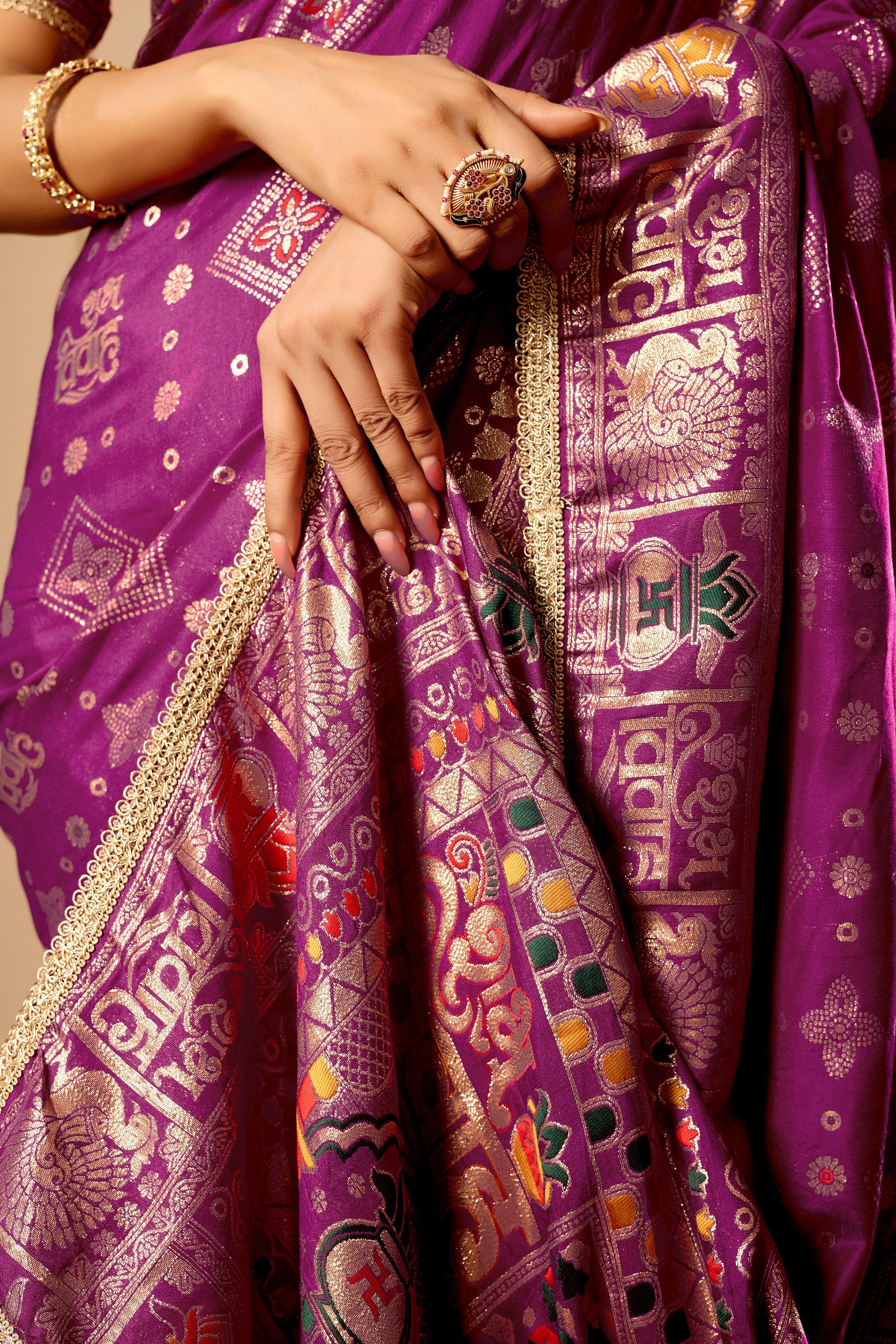 Royal Amethyst Heritage Satin Silk Saree with Intricate Zari Detailing - Image 6