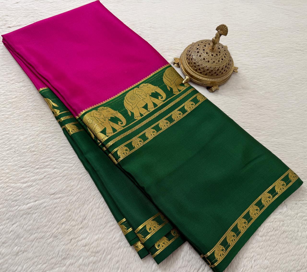 Semi-Crepe Silk Saree with Elephant Bentex Border | Contrast Color Designer Saree - Image 13