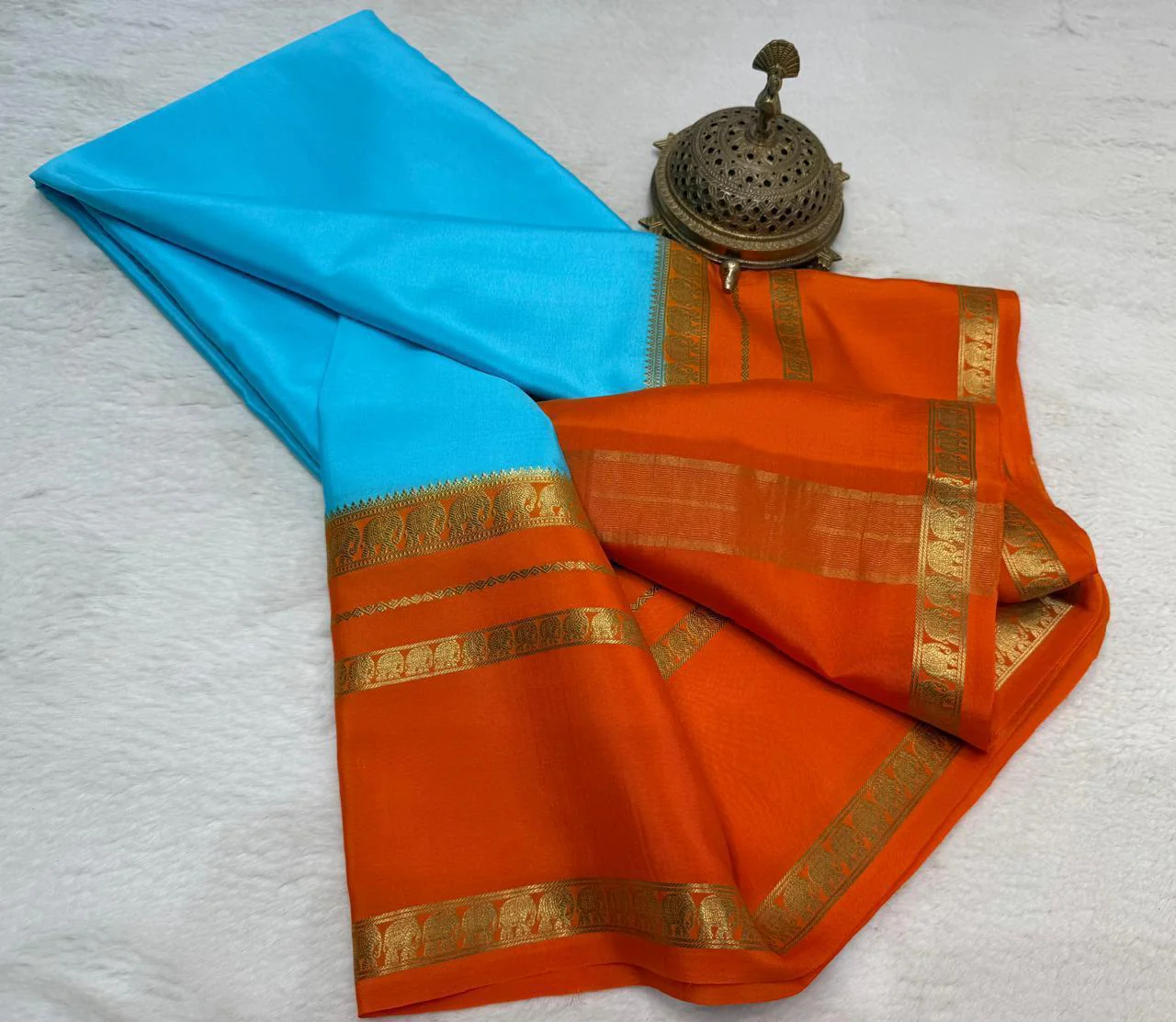 Semi-Crepe Silk Saree with Elephant Bentex Border | Contrast Color Designer Saree - Image 15