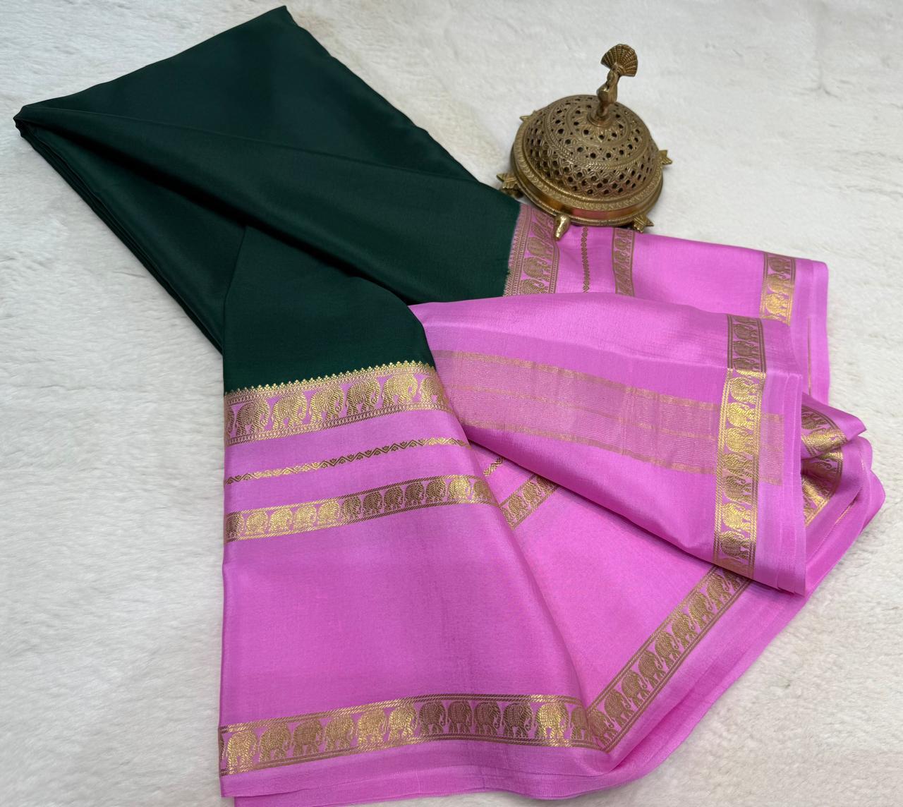 Semi-Crepe Silk Saree with Elephant Bentex Border | Contrast Color Designer Saree - Image 16