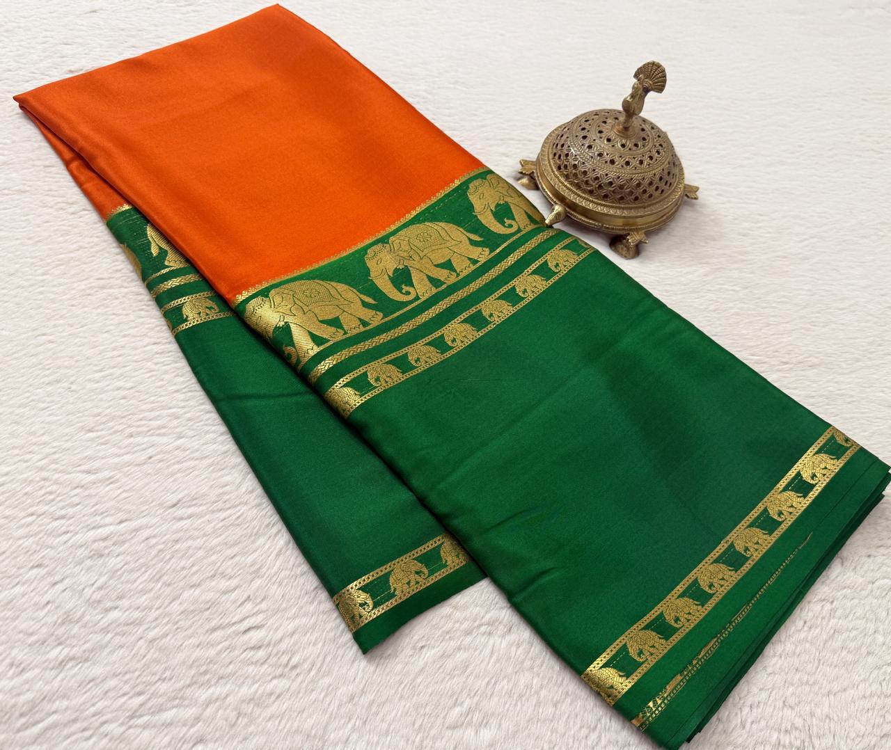 Semi-Crepe Silk Saree with Elephant Bentex Border | Contrast Color Designer Saree - Image 3