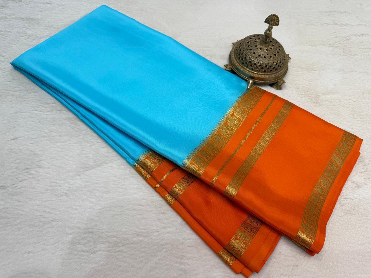 Semi-Crepe Silk Saree with Elephant Bentex Border | Contrast Color Designer Saree - Image 5