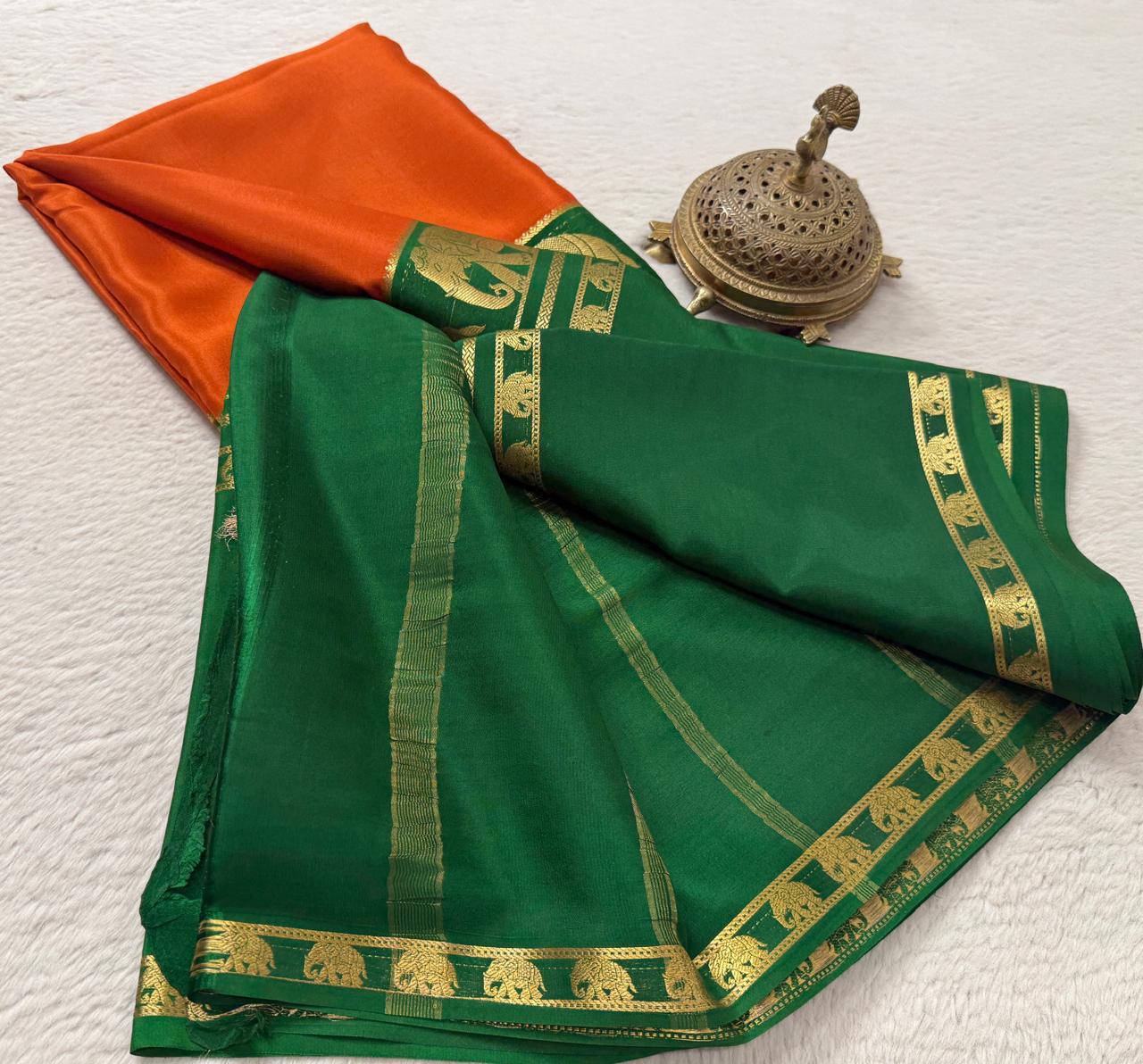 Semi-Crepe Silk Saree with Elephant Bentex Border | Contrast Color Designer Saree - Image 8