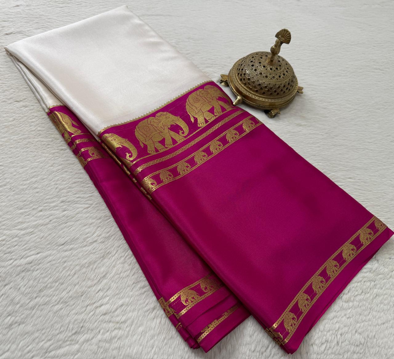 Semi Crepe Silk Saree with Traditional Elephant Bentex Border | Contrast Color Combination | 120 GSM | Party & Festival Wear - Image 10