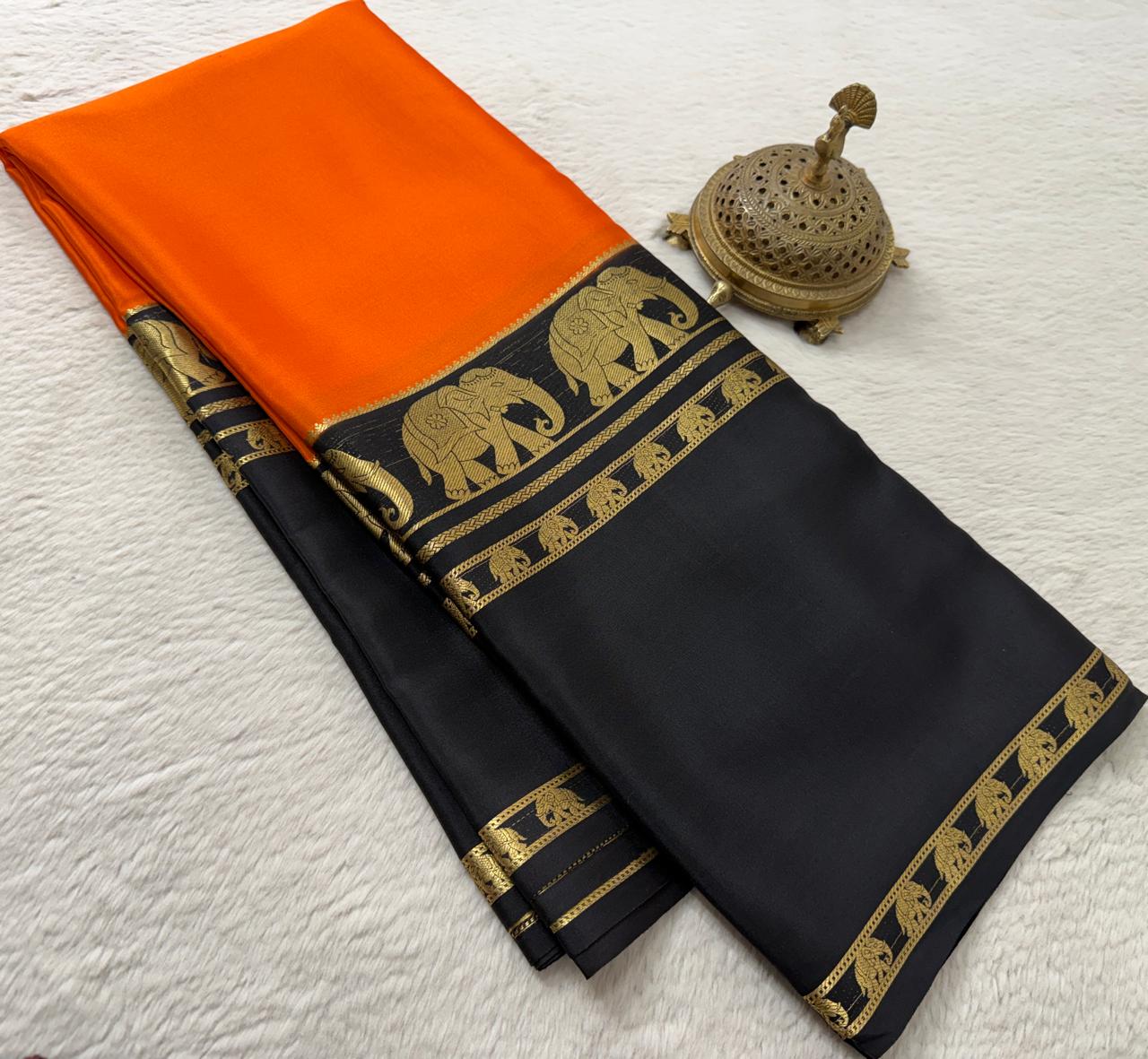 Semi Crepe Silk Saree with Traditional Elephant Bentex Border | Contrast Color Combination | 120 GSM | Party & Festival Wear - Image 4