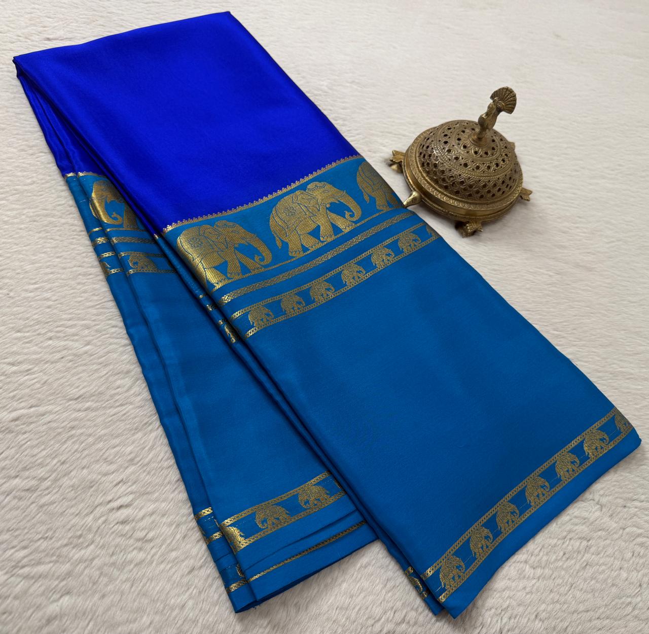 Semi Crepe Silk Saree with Traditional Elephant Bentex Border | Contrast Color Combination | 120 GSM | Party & Festival Wear - Image 6