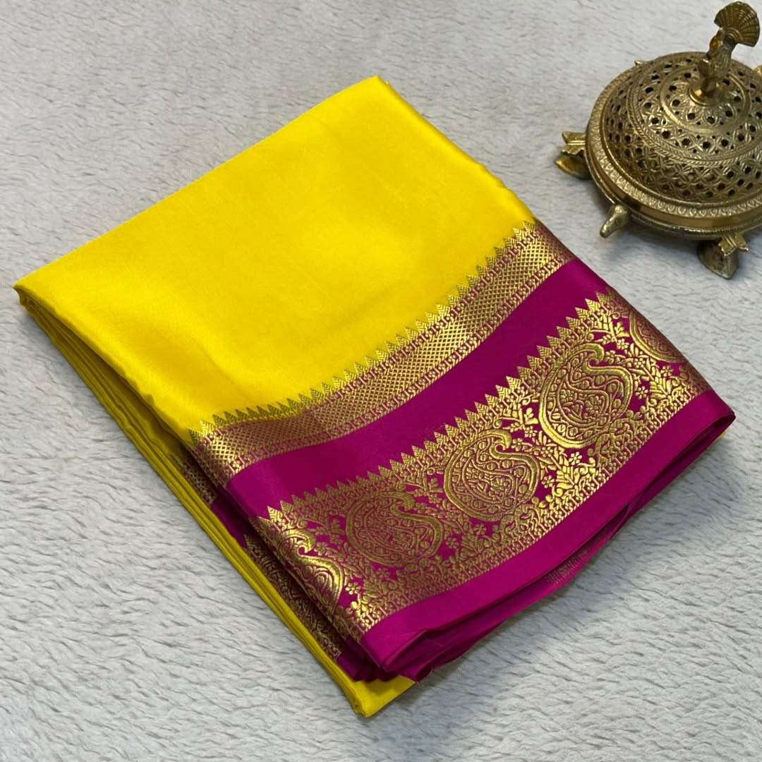 Traditional Charm: Mysore Silk Sarees with Mango Bentex Border - Image 4